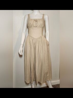 House of Harlow 1960 Cream Linen Blend Maxi Dress Square Neck Adjustable Straps